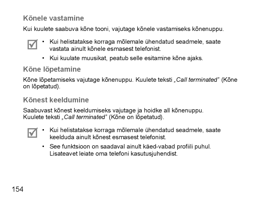 Samsung BHS3000EBECSEB, BHS3000EBRCSER manual Kõnele vastamine, Kõne lõpetamine, Kõnest keeldumine, 154 