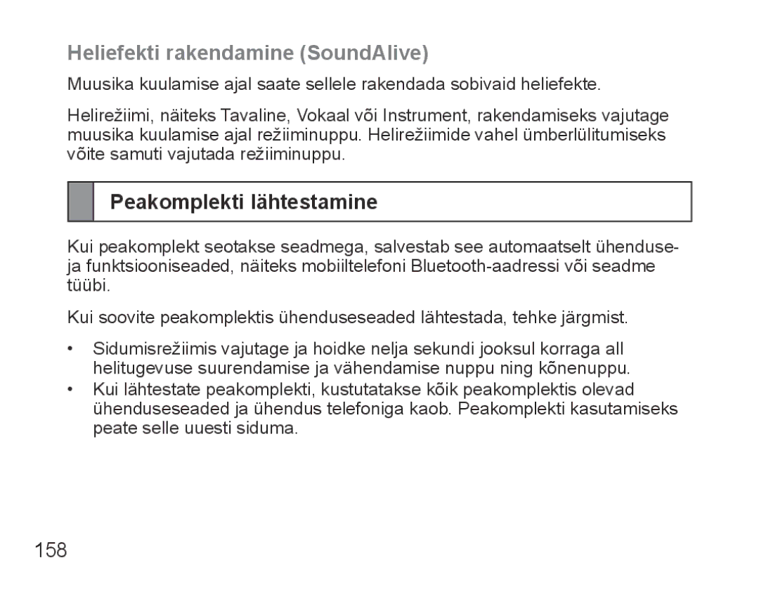 Samsung BHS3000EBECSEB, BHS3000EBRCSER manual Heliefekti rakendamine SoundAlive, Peakomplekti lähtestamine, 158 