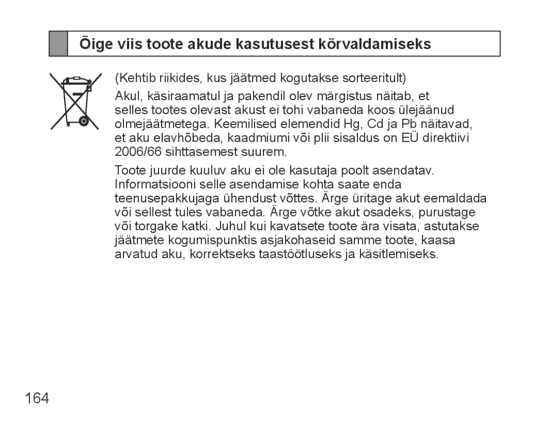 Samsung BHS3000EBECSEB, BHS3000EBRCSER manual Õige viis toote akude kasutusest kõrvaldamiseks, 164 