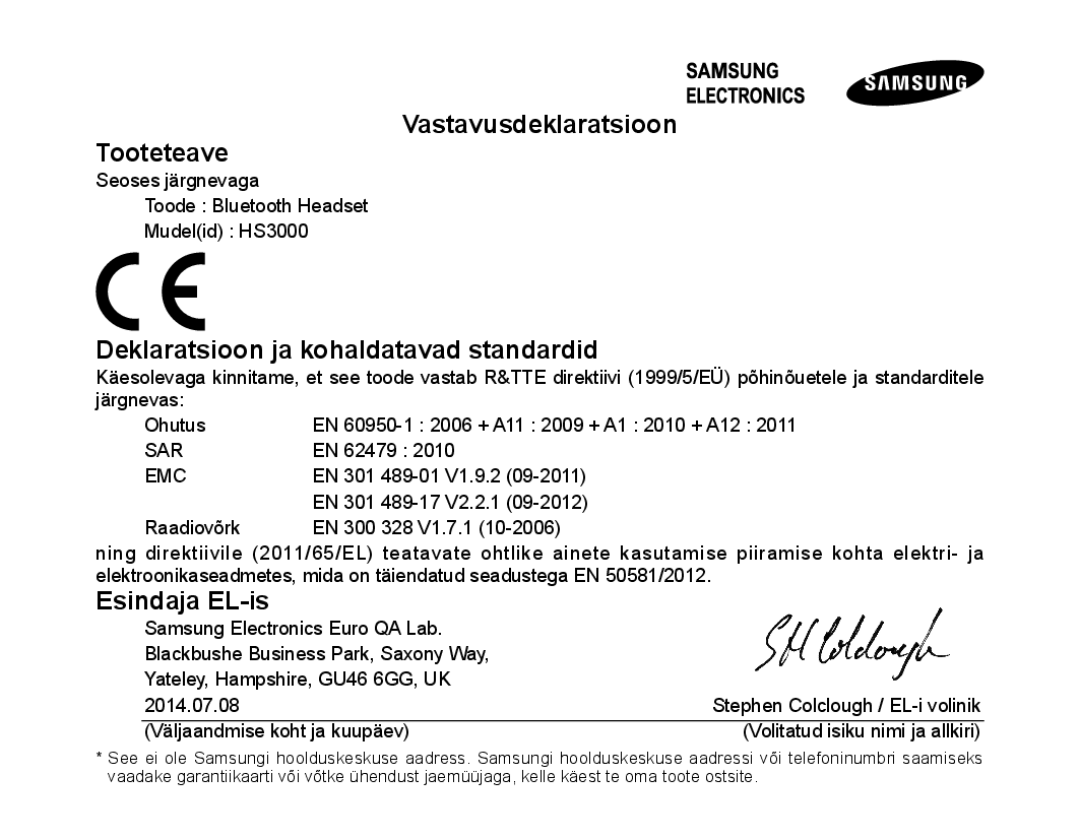 Samsung BHS3000EBRCSER manual Vastavusdeklaratsioon Tooteteave, Deklaratsioon ja kohaldatavad standardid, Esindaja EL-is 