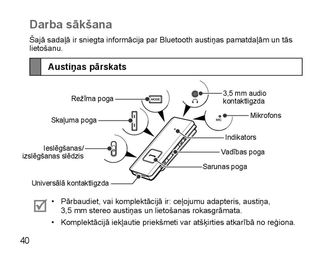 Samsung BHS3000EBECSEB, BHS3000EBRCSER manual Darba sākšana, Austiņas pārskats 