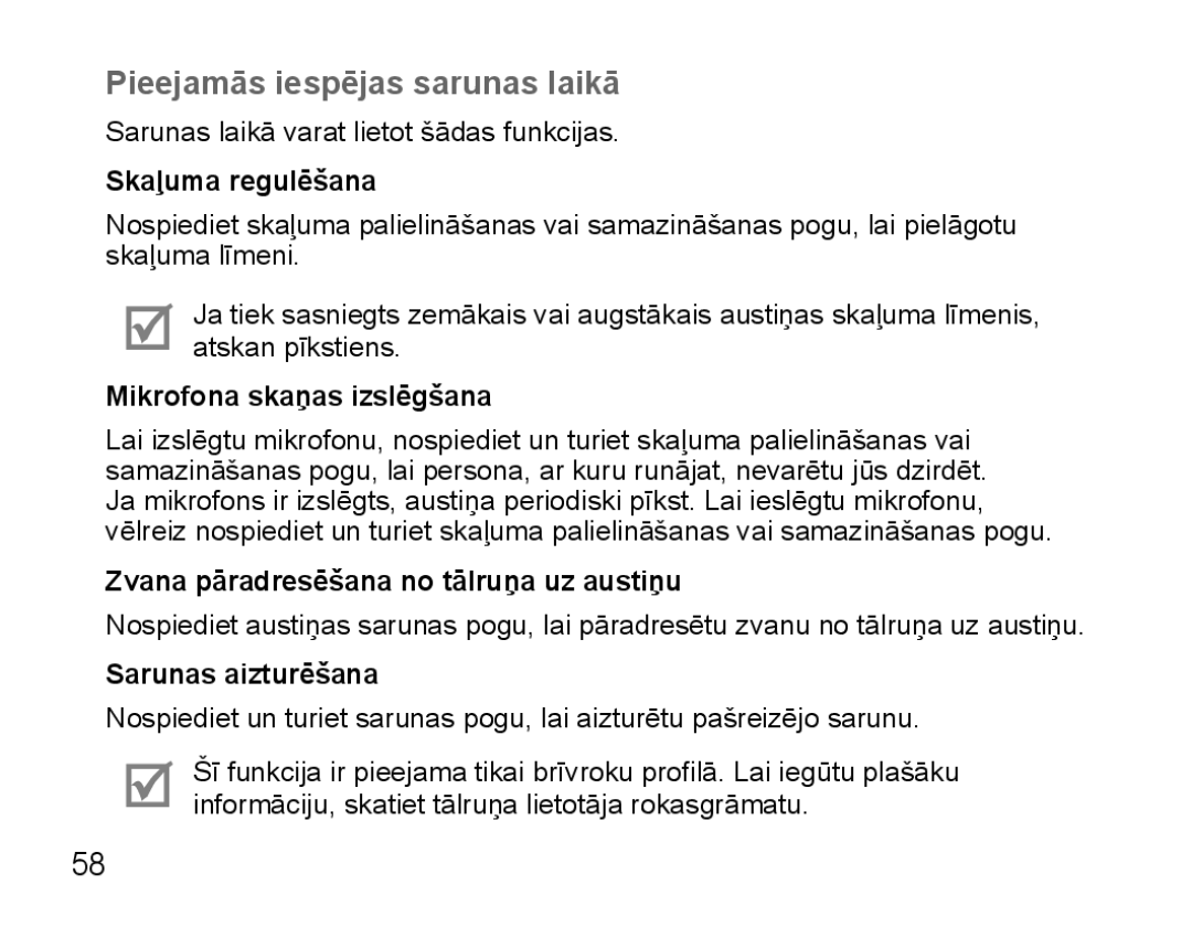 Samsung BHS3000EBECSEB, BHS3000EBRCSER Pieejamās iespējas sarunas laikā, Skaļuma regulēšana, Mikrofona skaņas izslēgšana 