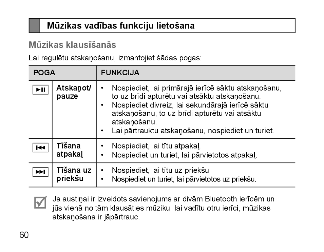 Samsung BHS3000EBECSEB, BHS3000EBRCSER manual Mūzikas vadības funkciju lietošana, Mūzikas klausīšanās 