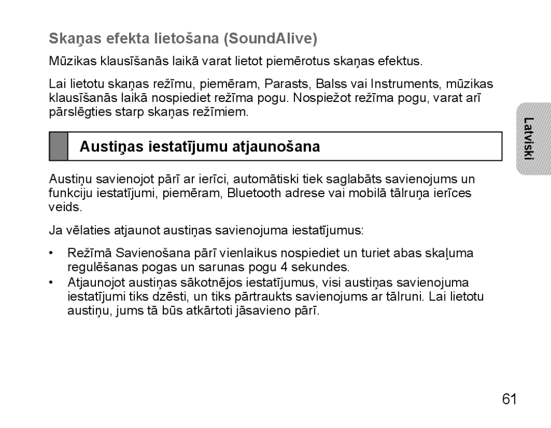 Samsung BHS3000EBRCSER, BHS3000EBECSEB manual Skaņas efekta lietošana SoundAlive, Austiņas iestatījumu atjaunošana 