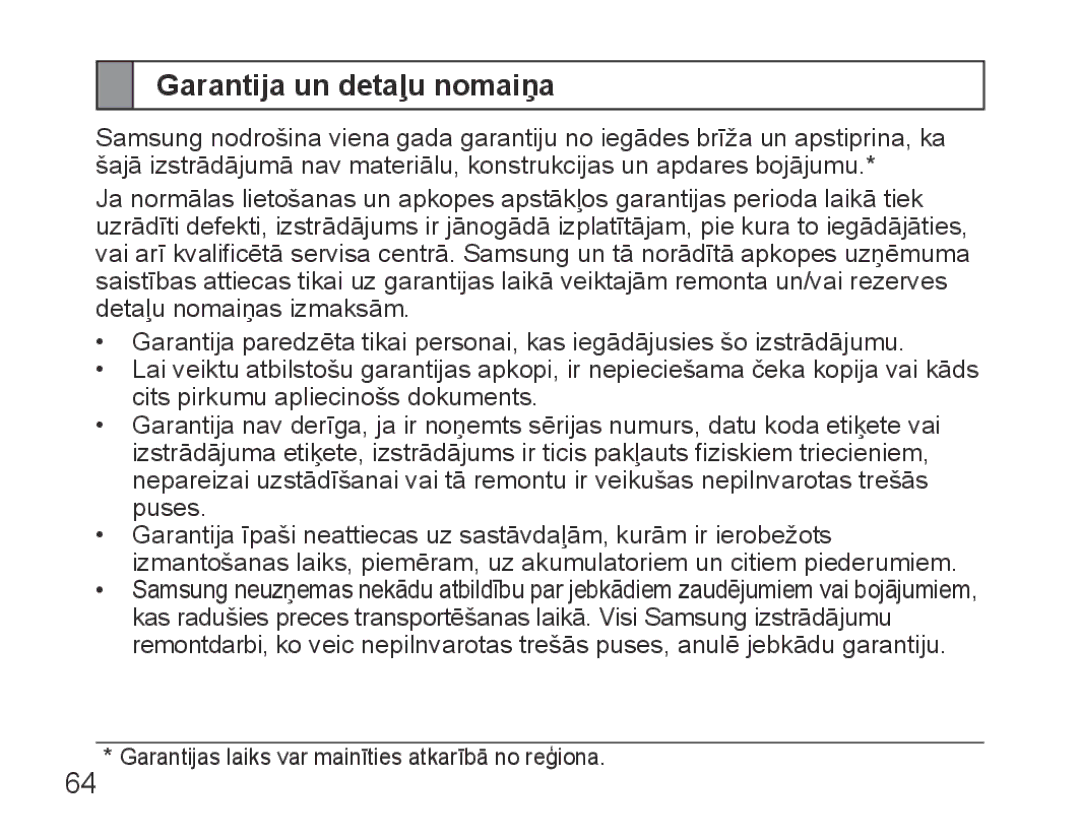 Samsung BHS3000EBECSEB, BHS3000EBRCSER manual Garantija un detaļu nomaiņa 