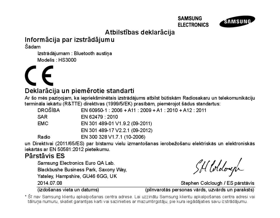 Samsung BHS3000EBECSEB manual Atbilstības deklarācija Informācija par izstrādājumu, Deklarācija un piemērotie standarti 