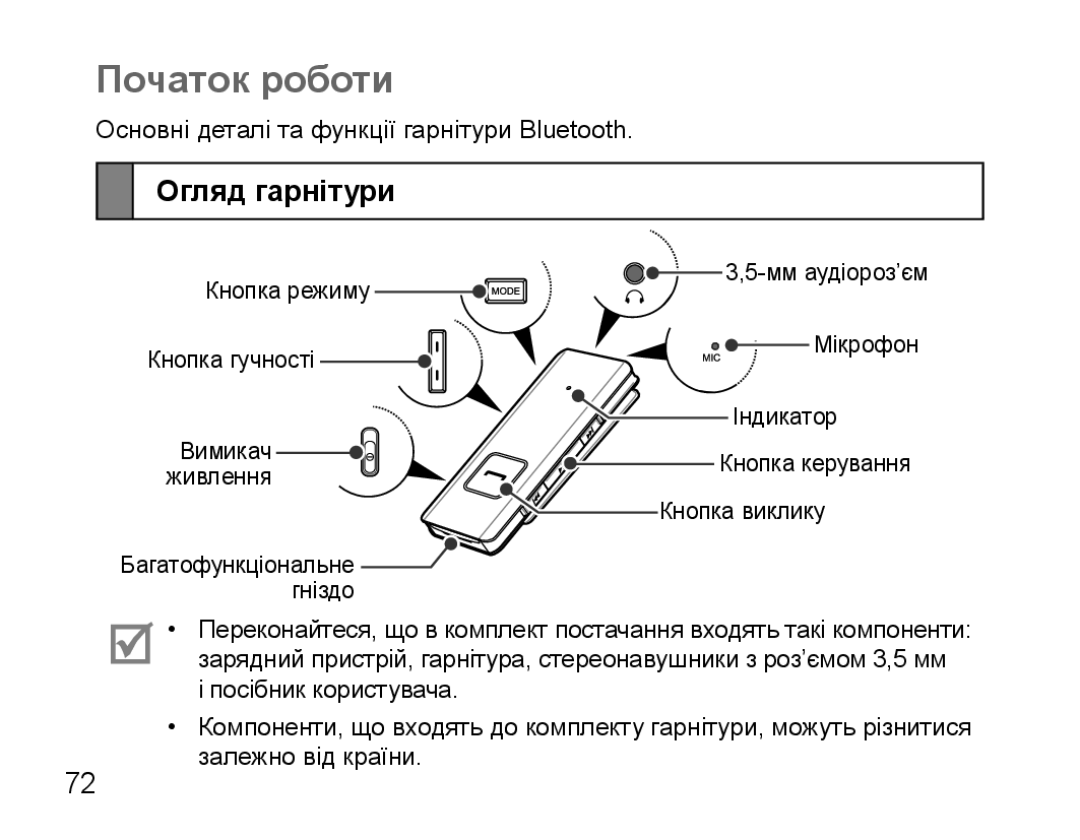 Samsung BHS3000EBECSEB, BHS3000EBRCSER manual Початок роботи, Огляд гарнітури 