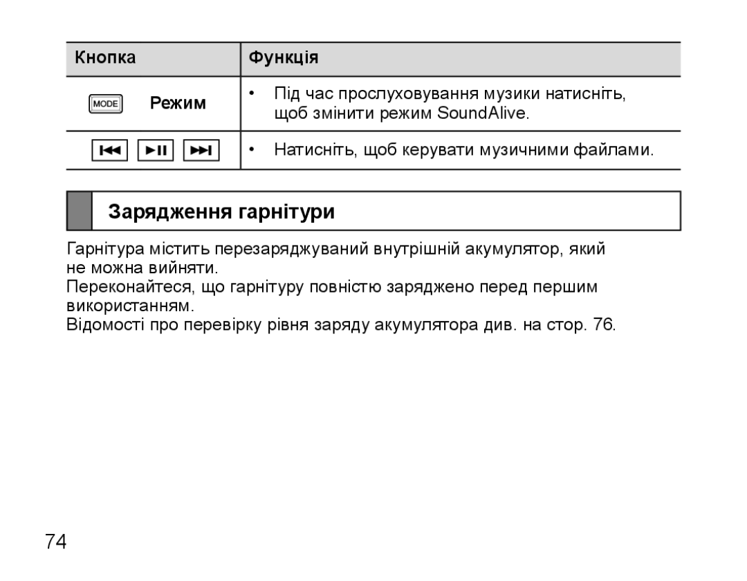 Samsung BHS3000EBECSEB, BHS3000EBRCSER manual Зарядження гарнітури, Кнопка Функція Режим 