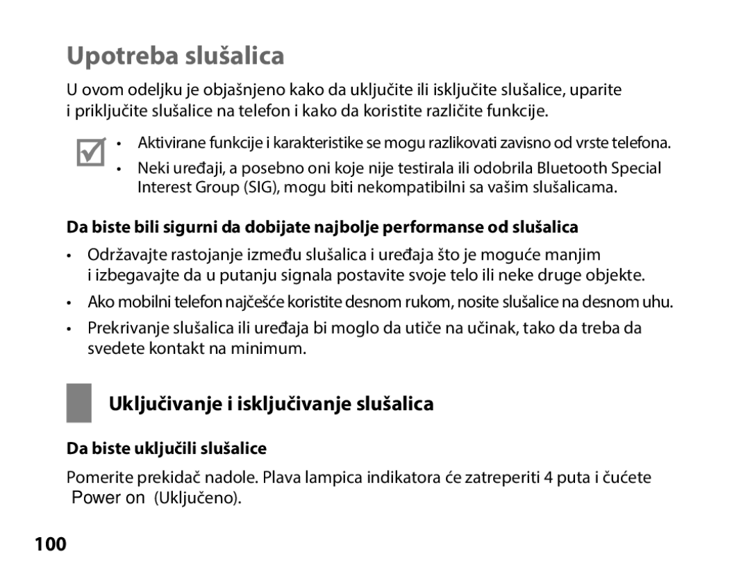 Samsung BHS3000EBECXEF, BHS3000EMECXET manual Uključivanje i isključivanje slušalica, 100, Da biste uključili slušalice 