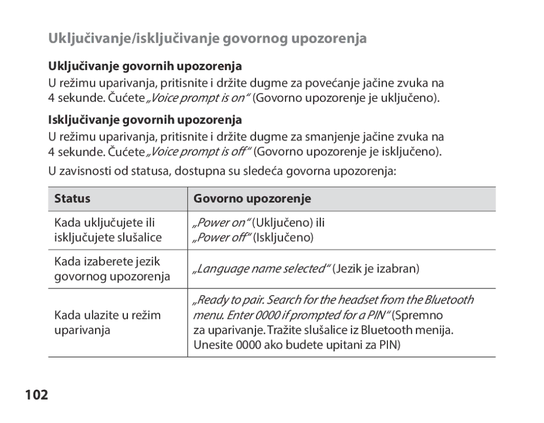 Samsung BHS3000EBECXET manual Uključivanje/isključivanje govornog upozorenja, 102, Uključivanje govornih upozorenja 