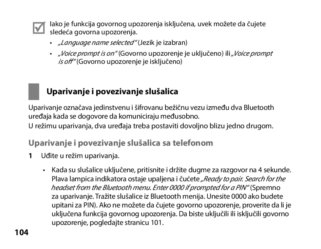 Samsung BHS3000EBLCFOP, BHS3000EBECXEF, BHS3000EMECXET manual Uparivanje i povezivanje slušalica sa telefonom, 104 