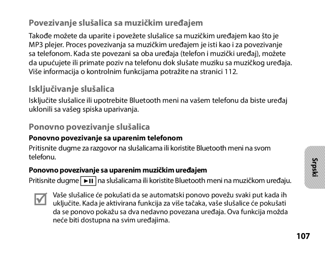 Samsung BHS3000EPECXEH Povezivanje slušalica sa muzičkim uređajem, Isključivanje slušalica, Ponovno povezivanje slušalica 