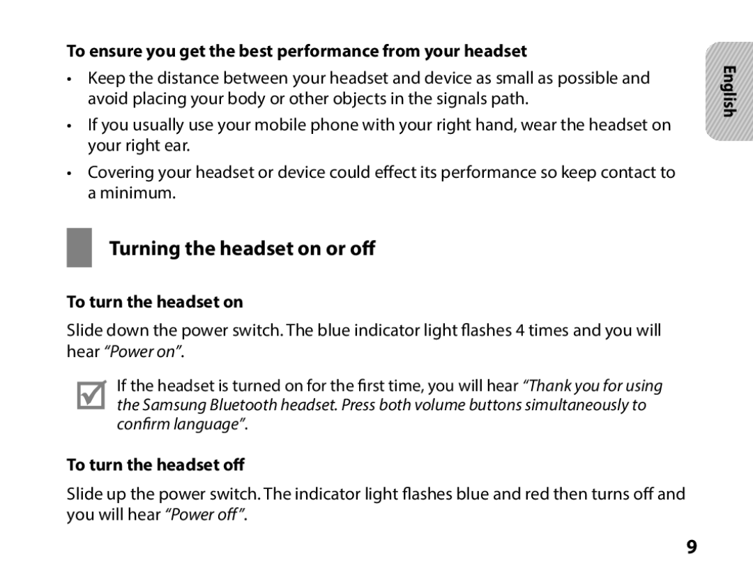 Samsung BHS3000EBECSEB manual Turning the headset on or off, To ensure you get the best performance from your headset 