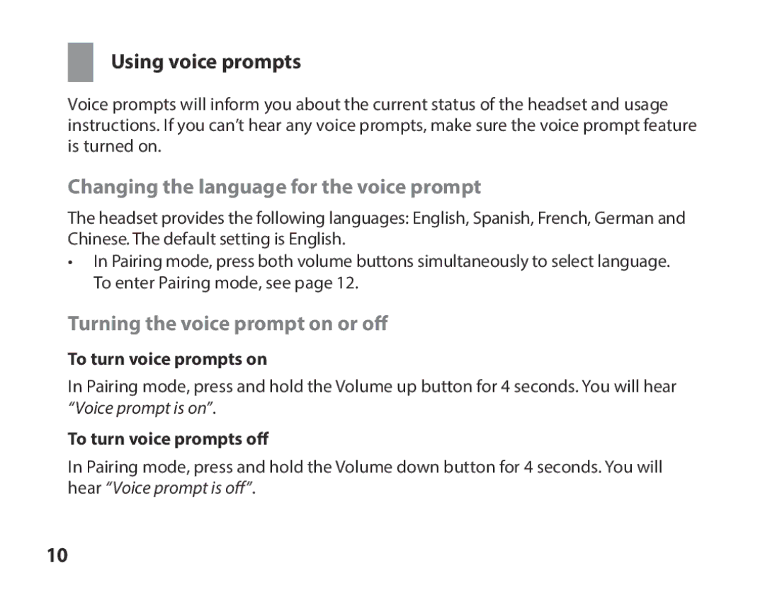 Samsung BHS3000EPECEUR Using voice prompts, Changing the language for the voice prompt, Turning the voice prompt on or off 