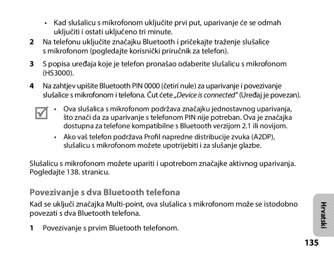 Samsung BHS3000EMECXET, BHS3000EBECXEF, BHS3000EBECXET, BHS3000EPECXET manual Povezivanje s dva Bluetooth telefona, 135 