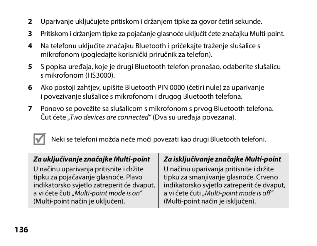 Samsung BHS3000EBECXET, BHS3000EBECXEF, BHS3000EMECXET, BHS3000EPECXET manual 136, Za uključivanje značajke Multi-point 