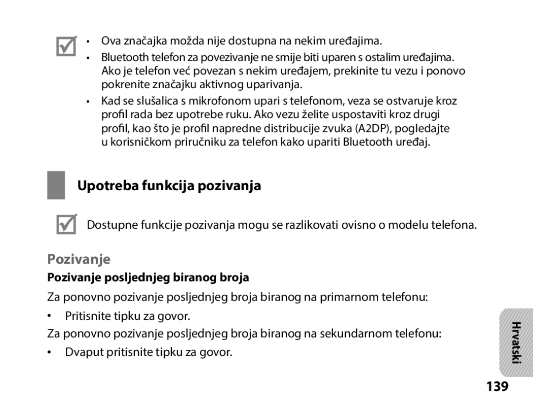 Samsung BHS3000EBECFOP, BHS3000EBECXEF manual Upotreba funkcija pozivanja, 139, Pozivanje posljednjeg biranog broja 