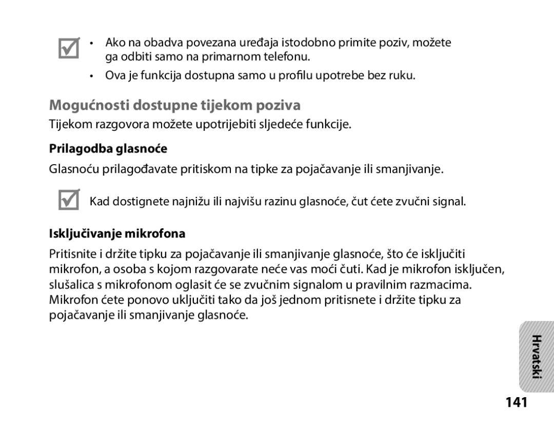 Samsung BHS3000EPECXEH, BHS3000EBECXEF, BHS3000EMECXET manual Mogućnosti dostupne tijekom poziva, 141, Prilagodba glasnoće 