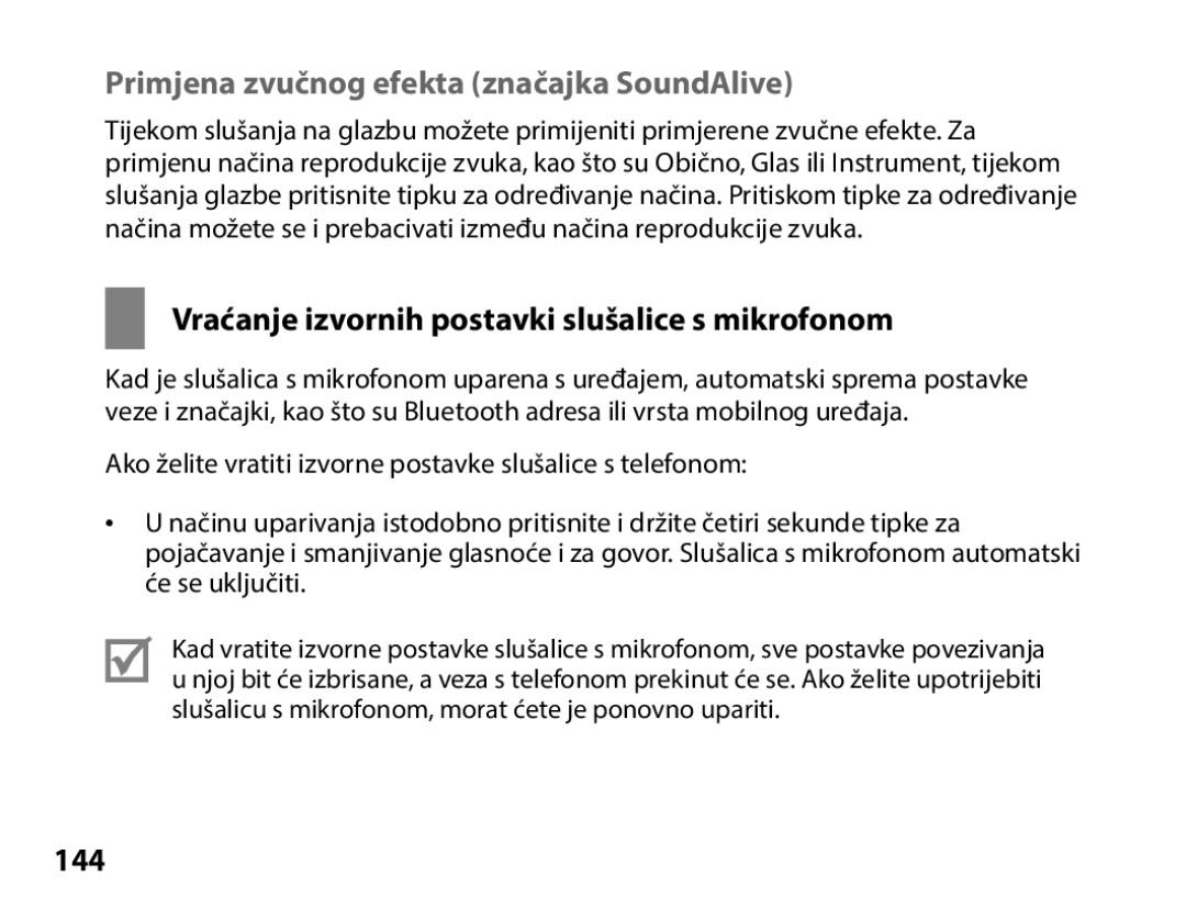 Samsung BHS3000EBECXEE Primjena zvučnog efekta značajka SoundAlive, Vraćanje izvornih postavki slušalice s mikrofonom, 144 