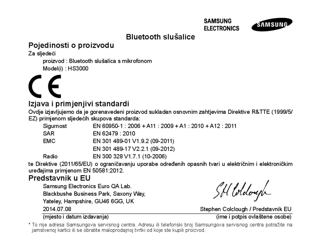 Samsung BHS3000EBECXEF, BHS3000EMECXET manual Bluetooth slušalice Pojedinosti o proizvodu, Izjava i primjenjivi standardi 