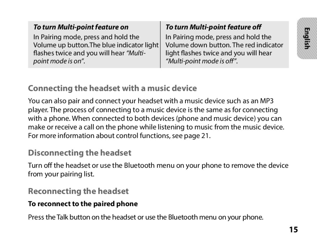 Samsung BHS3000EBECXEF Connecting the headset with a music device, Disconnecting the headset, Reconnecting the headset 