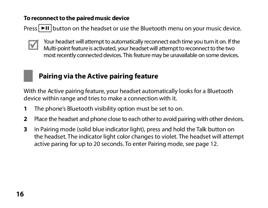 Samsung BHS3000EMECXET, BHS3000EBECXEF Pairing via the Active pairing feature, To reconnect to the paired music device 