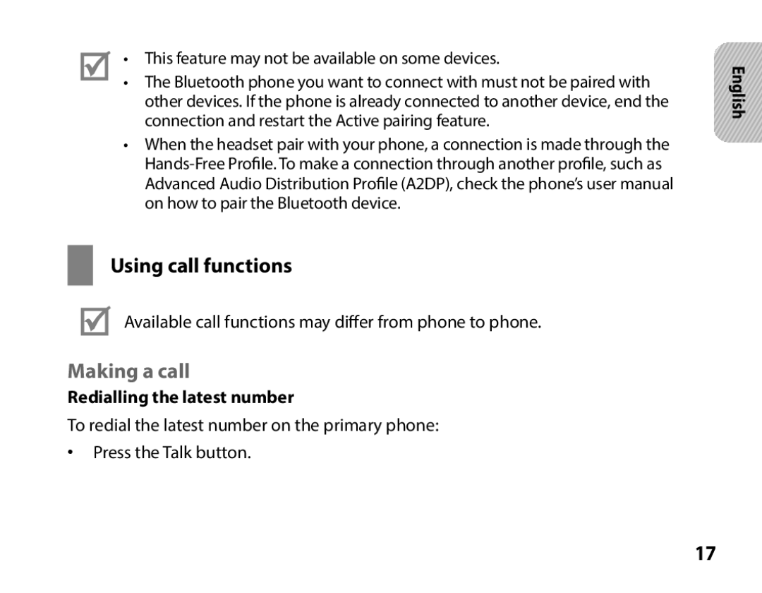 Samsung BHS3000EBECXET, BHS3000EBECXEF, BHS3000EMECXET Using call functions, Making a call, Redialling the latest number 