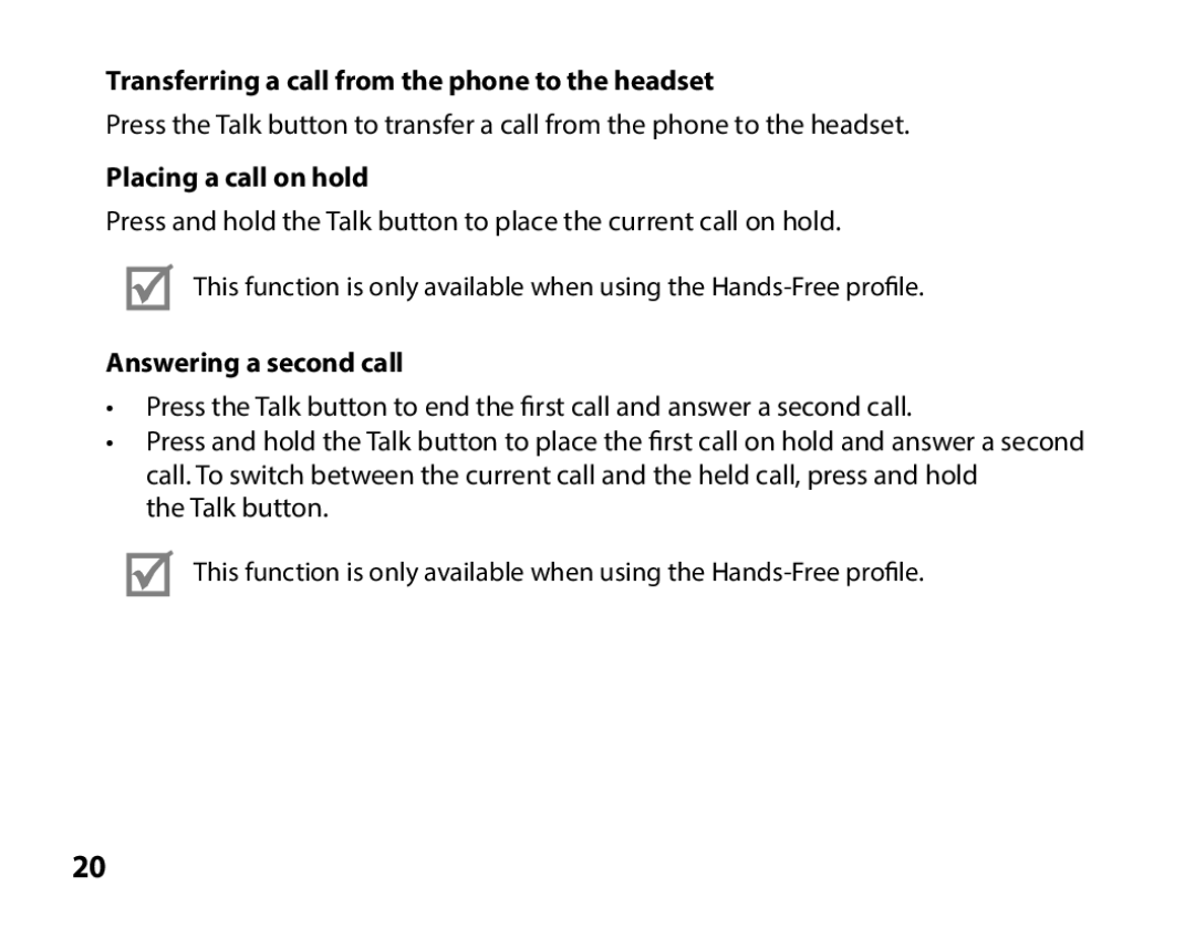 Samsung BHS3000EBECFOP Transferring a call from the phone to the headset, Placing a call on hold, Answering a second call 