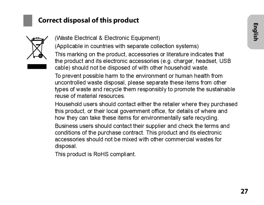 Samsung BHS3000EPECEUR, BHS3000EBECXEF, BHS3000EMECXET, BHS3000EBECXET, BHS3000EPECXET manual Correct disposal of this product 