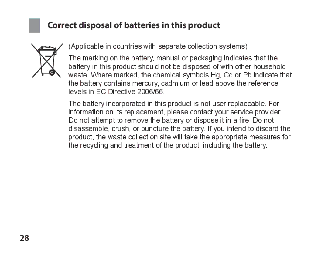 Samsung BHS3000EMECEUR, BHS3000EBECXEF, BHS3000EMECXET, BHS3000EBECXET manual Correct disposal of batteries in this product 