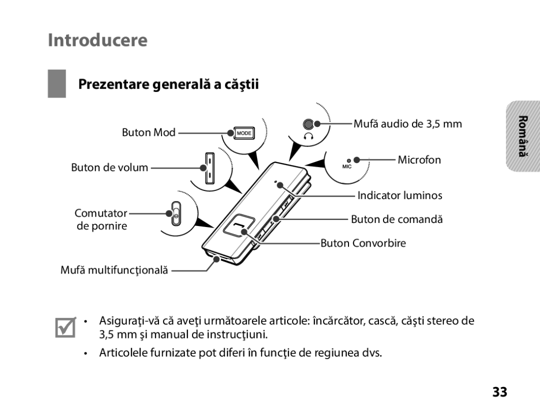 Samsung BHS3000EMECXET, BHS3000EBECXEF, BHS3000EBECXET, BHS3000EPECXET manual Introducere, Prezentare generală a căştii 