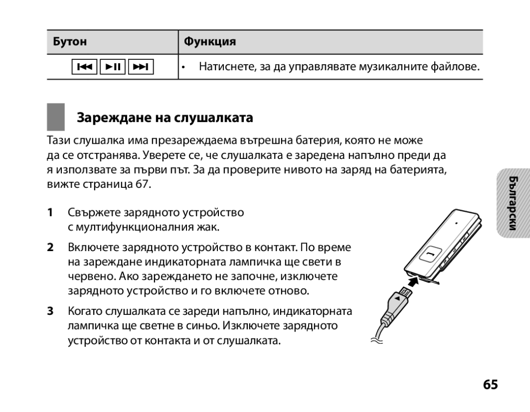 Samsung BHS3000EBRCSER, BHS3000EBECXEF, BHS3000EMECXET, BHS3000EBECXET, BHS3000EPECXET Зареждане на слушалката, Бутон Функция 