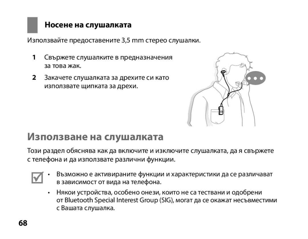 Samsung BHS3000EBECXET, BHS3000EBECXEF, BHS3000EMECXET, BHS3000EPECXET manual Използване на слушалката, Носене на слушалката 