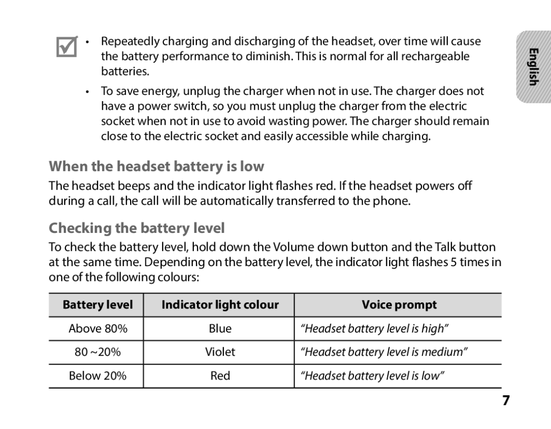 Samsung BHS3000EBECXEH, BHS3000EBECXEF, BHS3000EMECXET manual When the headset battery is low, Checking the battery level 