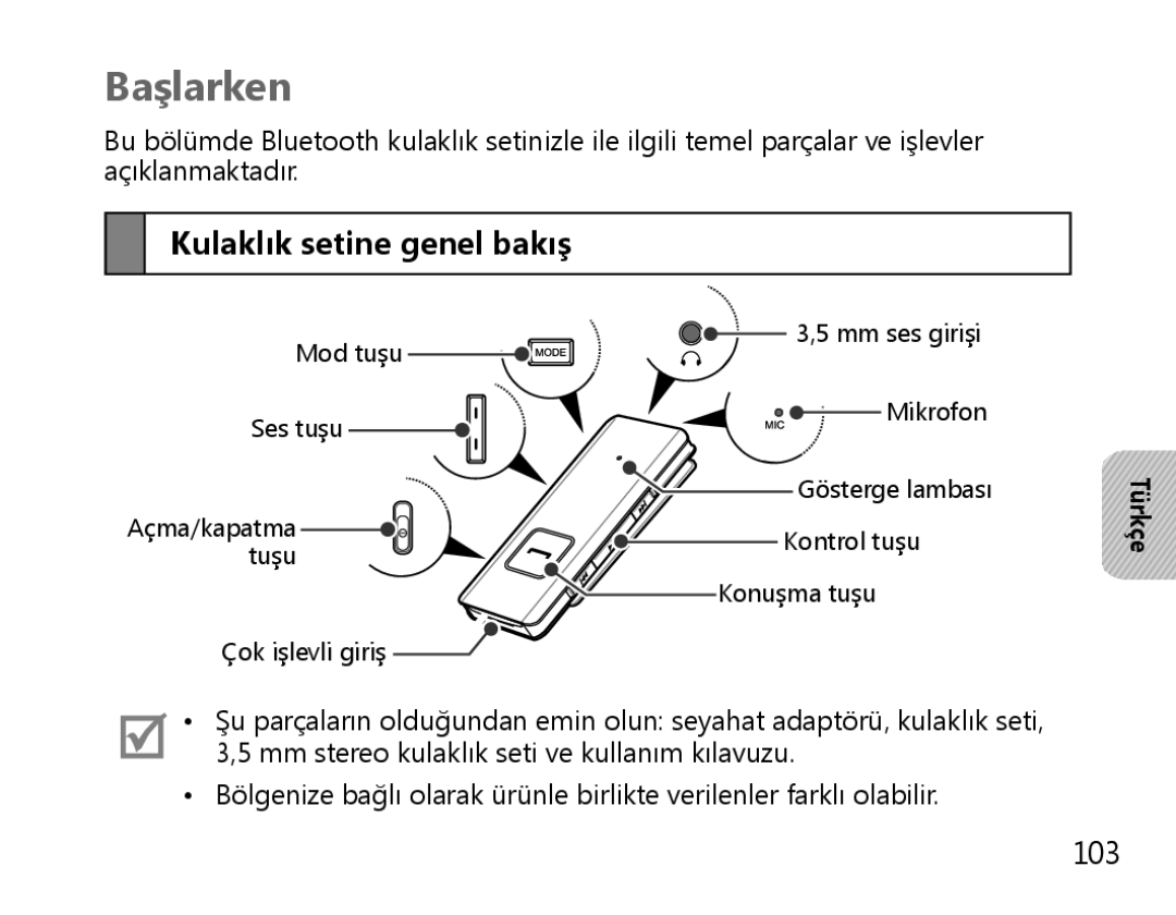 Samsung BHS3000EPECXET, BHS3000EBECXEF, BHS3000EMECXET, BHS3000EBECXET, BHS3000EBLCFOP Başlarken, Kulaklık setine genel bakış 