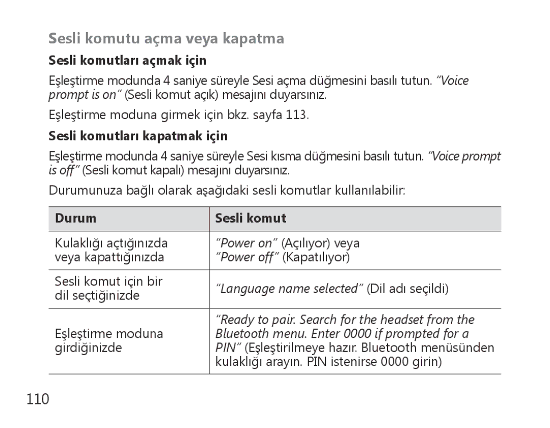 Samsung BHS3000EBECXEE, BHS3000EBECXEF, BHS3000EMECXET, BHS3000EBECXET, BHS3000EPECXET manual Sesli komutu açma veya kapatma 