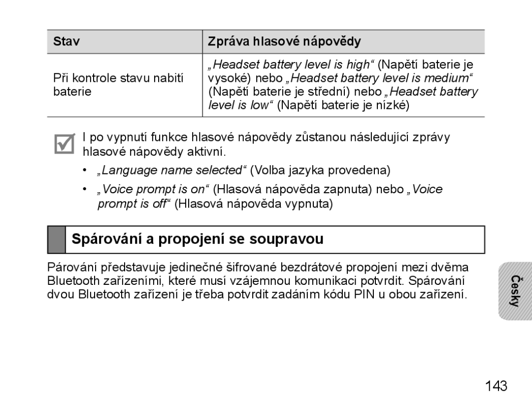 Samsung BHS3000EBECXEH, BHS3000EBECXEF, BHS3000EMECXET, BHS3000EBECXET manual Spárování a propojení se soupravou, 143 