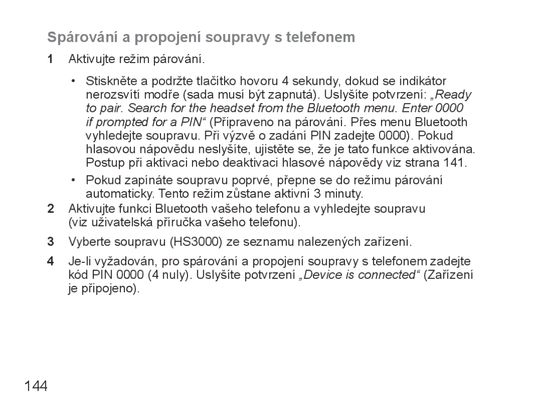 Samsung BHS3000EBECXEE, BHS3000EBECXEF, BHS3000EMECXET, BHS3000EBECXET manual Spárování a propojení soupravy s telefonem, 144 