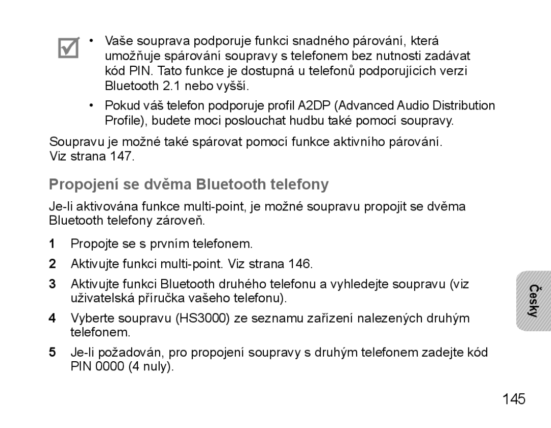 Samsung BHS3000EBECSEB, BHS3000EBECXEF, BHS3000EMECXET, BHS3000EBECXET manual Propojení se dvěma Bluetooth telefony, 145 