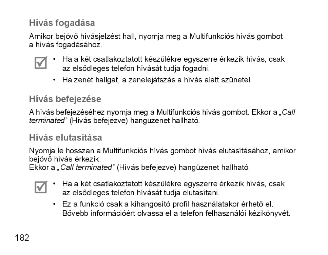 Samsung BHS3000EBECEUR, BHS3000EBECXEF, BHS3000EMECXET manual Hívás fogadása, Hívás befejezése, Hívás elutasítása, 182 