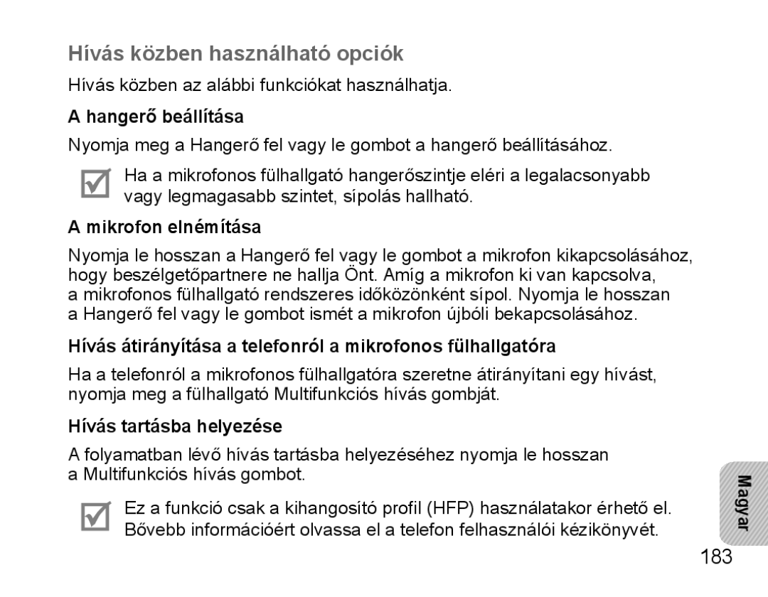 Samsung BHS3000EBECILO, BHS3000EBECXEF, BHS3000EMECXET, BHS3000EBECXET, BHS3000EPECXET Hívás közben használható opciók, 183 