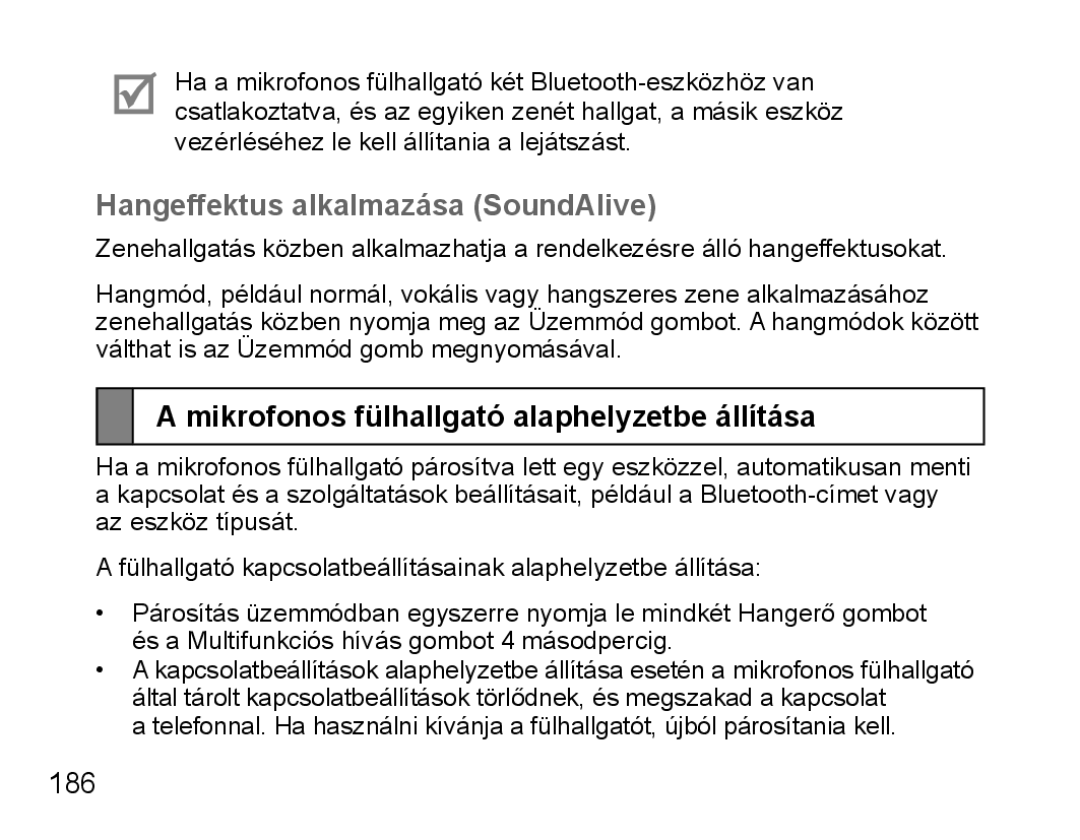 Samsung BHS3000EMECXET manual Hangeffektus alkalmazása SoundAlive, Mikrofonos fülhallgató alaphelyzetbe állítása, 186 