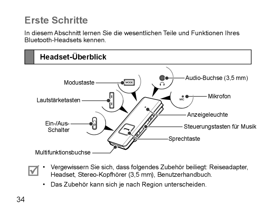 Samsung BHS3000EBECXET, BHS3000EBECXEF, BHS3000EMECXET, BHS3000EPECXET, BHS3000EBLCFOP manual Erste Schritte, Headset-Überblick 