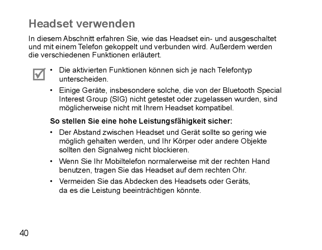 Samsung BHS3000EMECXEH, BHS3000EBECXEF manual Headset verwenden, So stellen Sie eine hohe Leistungsfähigkeit sicher 