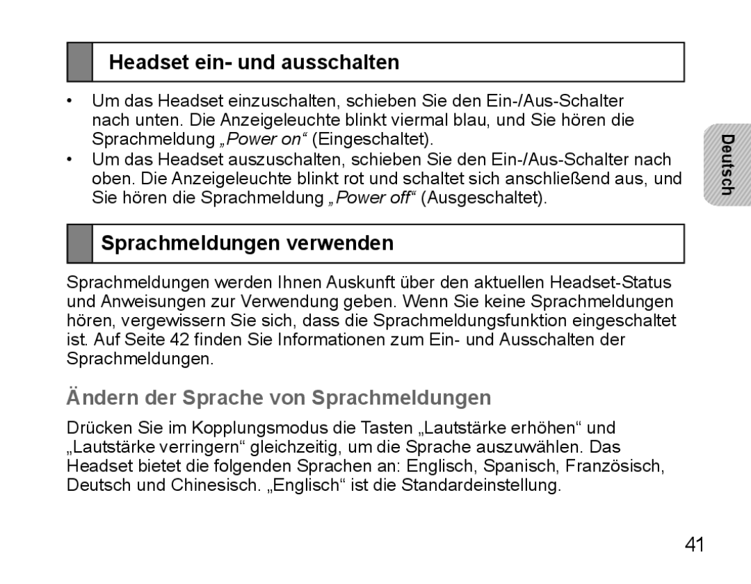 Samsung BHS3000EBECXEH Headset ein- und ausschalten, Sprachmeldungen verwenden, Ändern der Sprache von Sprachmeldungen 