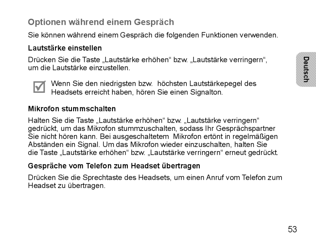 Samsung BHS3000EBLCFOP, BHS3000EBECXEF manual Optionen während einem Gespräch, Lautstärke einstellen, Mikrofon stummschalten 