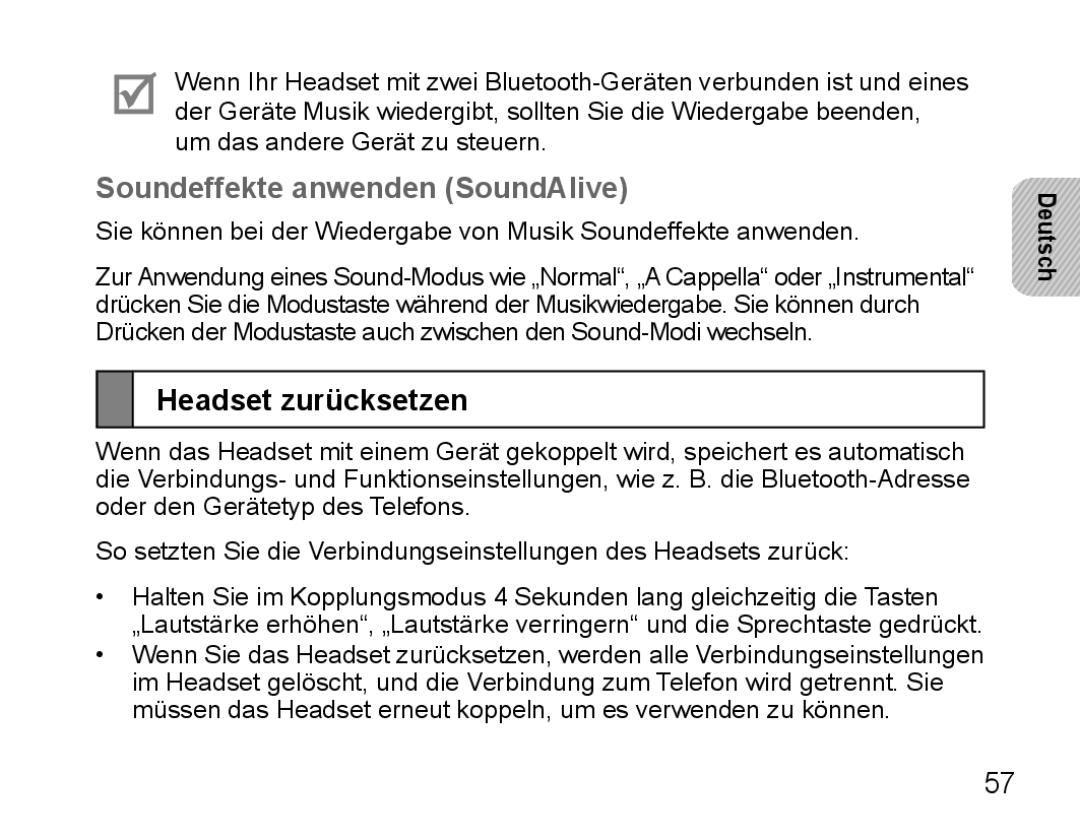 Samsung BHS3000EMECXEH, BHS3000EBECXEF, BHS3000EMECXET manual Soundeffekte anwenden SoundAlive, Headset zurücksetzen 