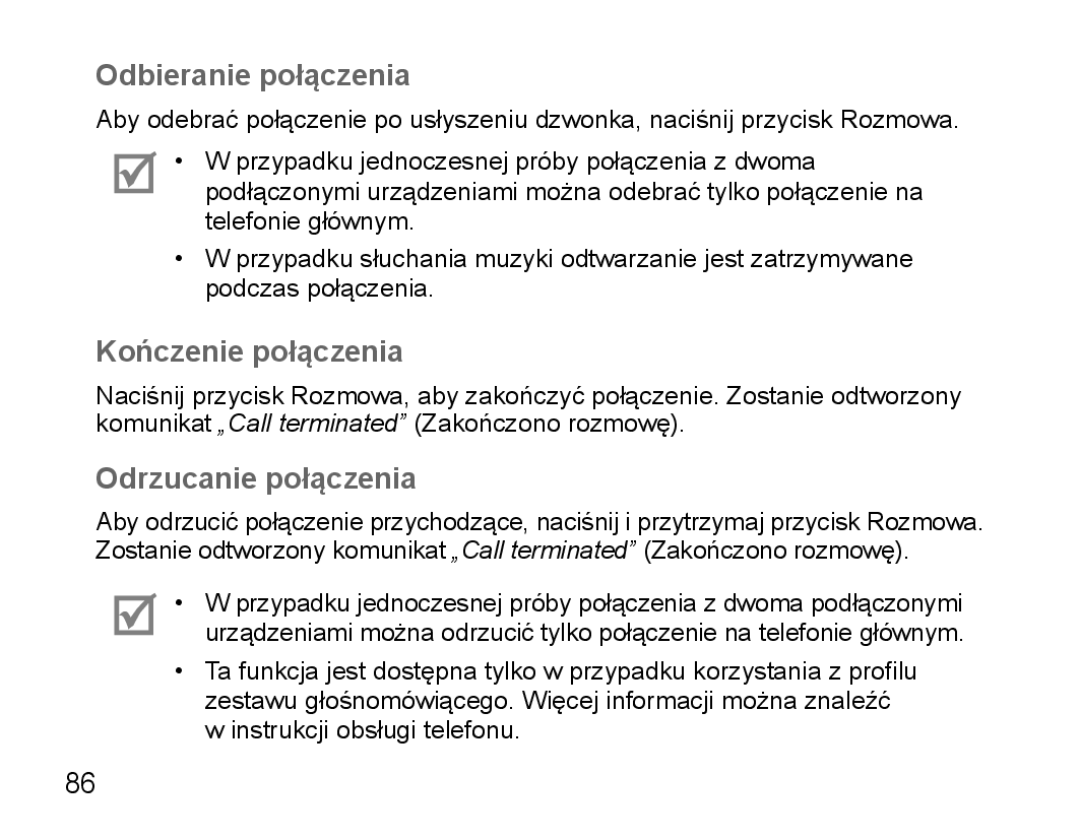 Samsung BHS3000EPECXET, BHS3000EBECXEF, BHS3000EMECXET Odbieranie połączenia, Kończenie połączenia, Odrzucanie połączenia 