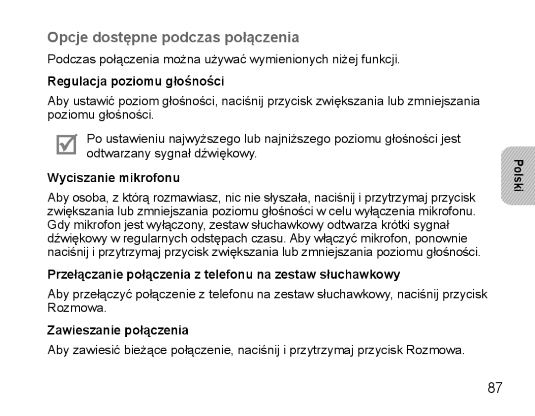 Samsung BHS3000EBLCFOP manual Opcje dostępne podczas połączenia, Regulacja poziomu głośności, Wyciszanie mikrofonu 