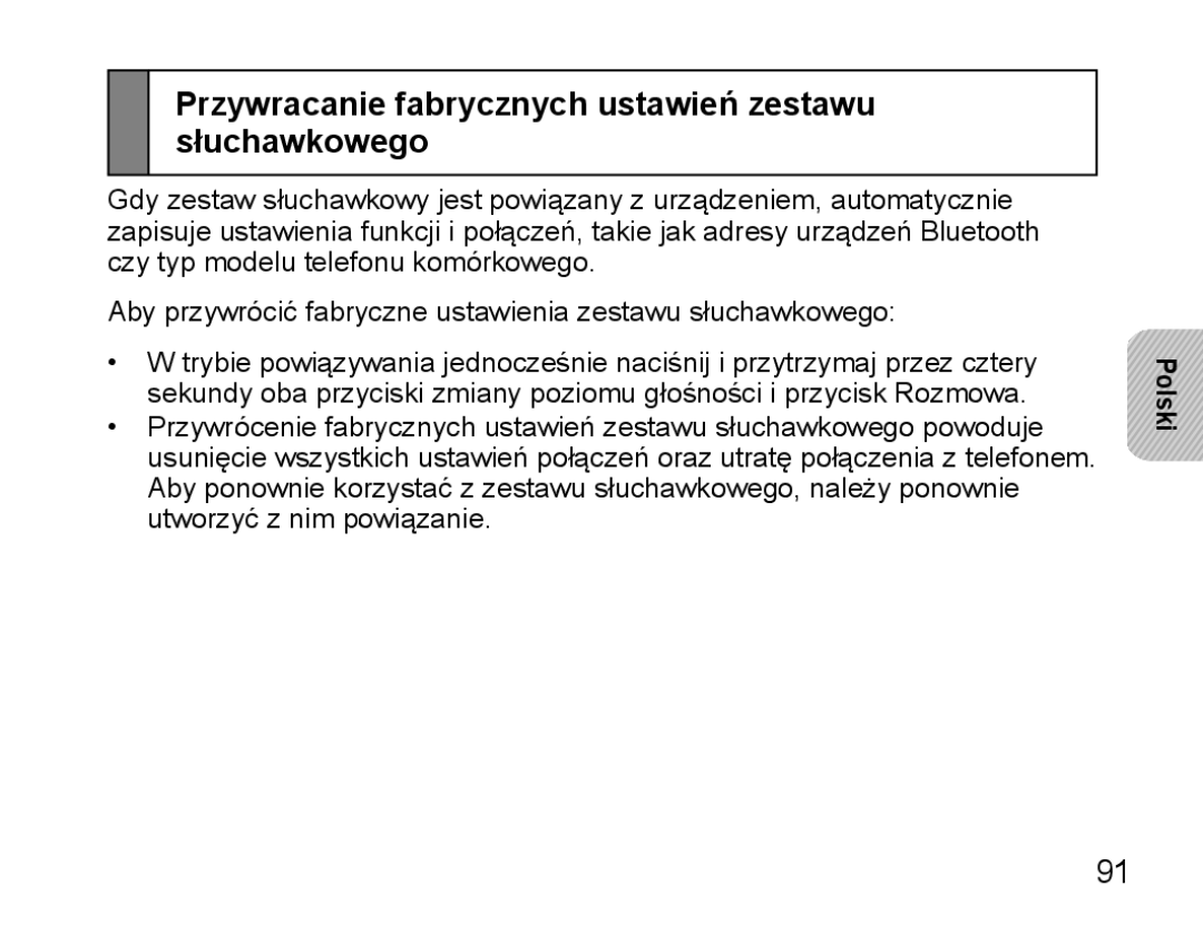 Samsung BHS3000EMECXEH, BHS3000EBECXEF, BHS3000EMECXET manual Przywracanie fabrycznych ustawień zestawu słuchawkowego 